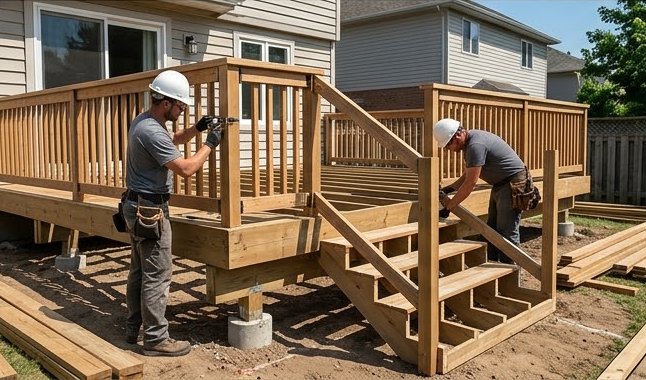 Two workers in hard hats and tool belts construct a wooden deck and staircase at the back of a residential house.