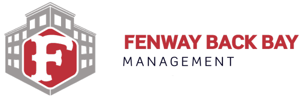 Fenway Back Bay Management logo in red and gray with stylized shield icon