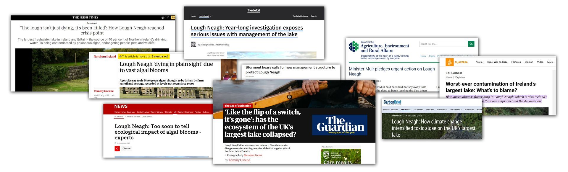A collage of newspaper headlines and images on a white background.