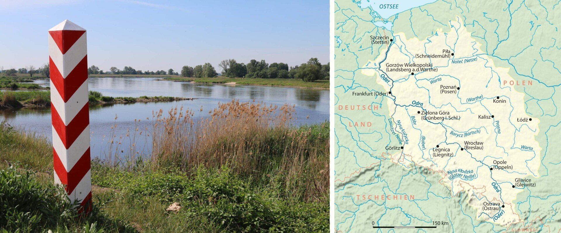 A red and white pole is next to a map of a river.