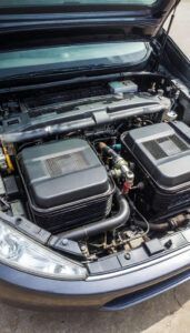 Open hood of a car revealing the engine bay with two large black rectangular air filter housings.
