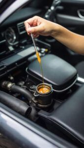 A hand holding a dipstick over a car’s oil reservoir, checking the engine fluid.