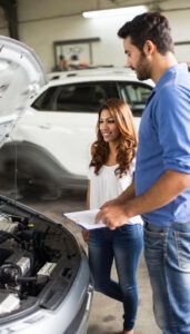A mechanic and a customer review paperwork in front of an open car hood inside an auto repair shop.