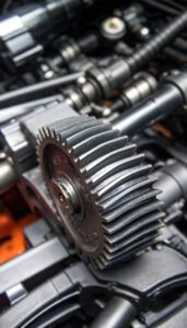 Close-up of a metallic, toothed gear integrated into a complex industrial machine with various shafts and components.