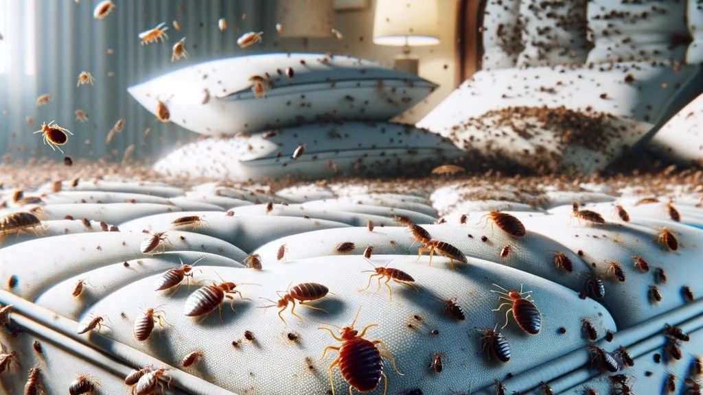 A bed covered in bed bugs and pillows in a bedroom.