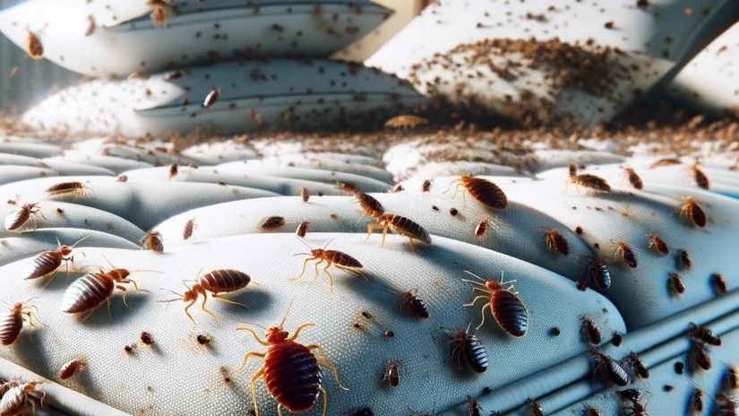 A bed covered in bed bugs and pillows in a bedroom.