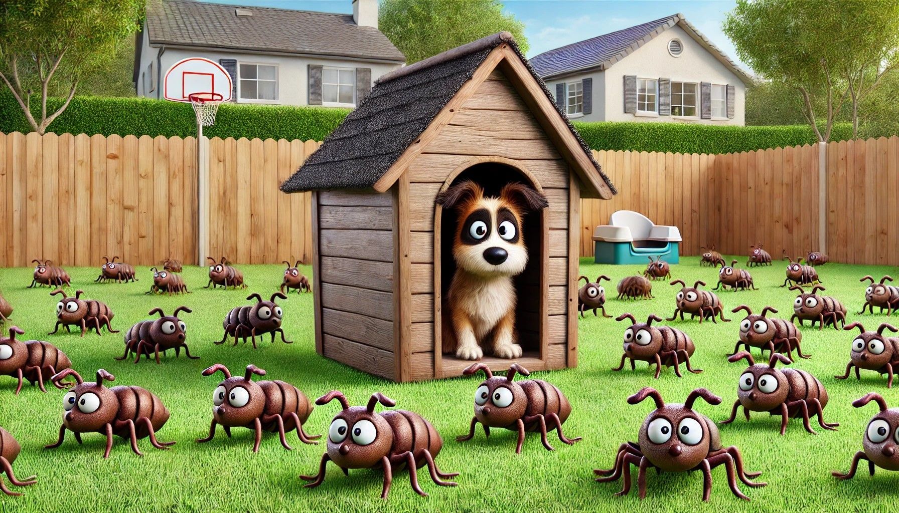 A dog is standing in a doghouse surrounded by ants.