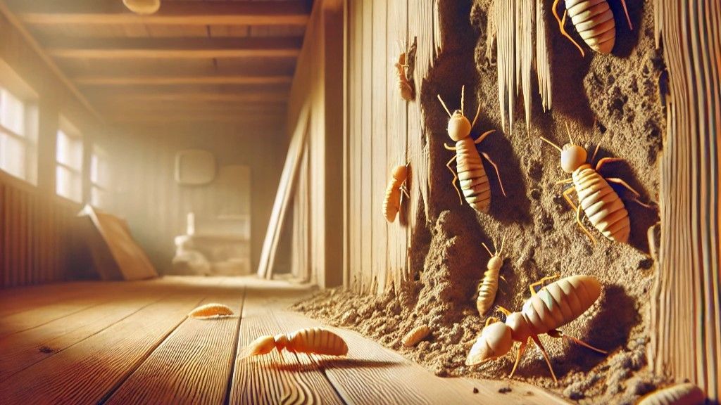 A group of termites are crawling on a wooden wall.