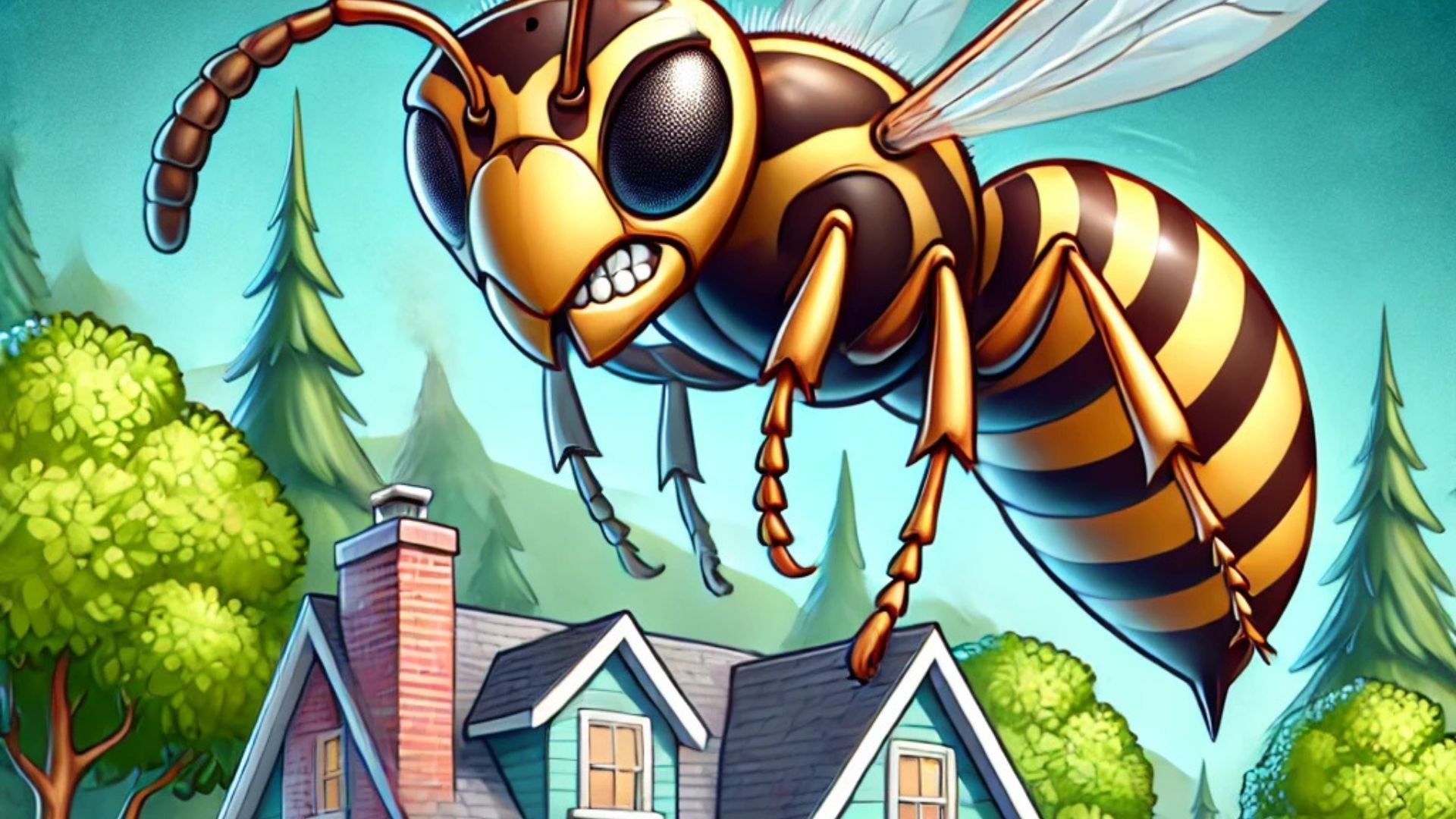 A wasp is flying over a house with trees in the background.