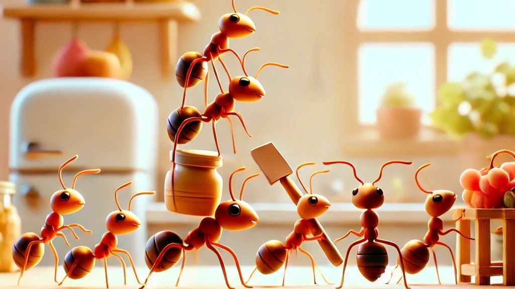A group of ants are standing next to each other on a table.