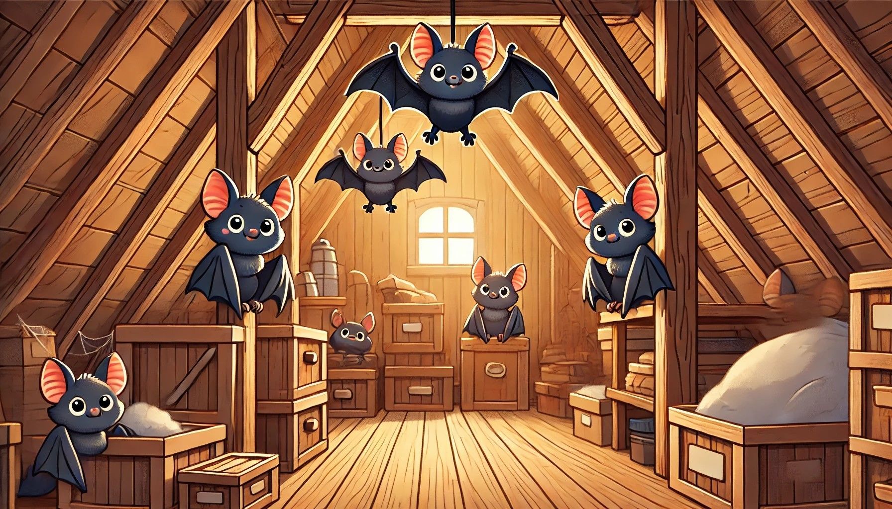 A bunch of bats are hanging from the ceiling of an attic.