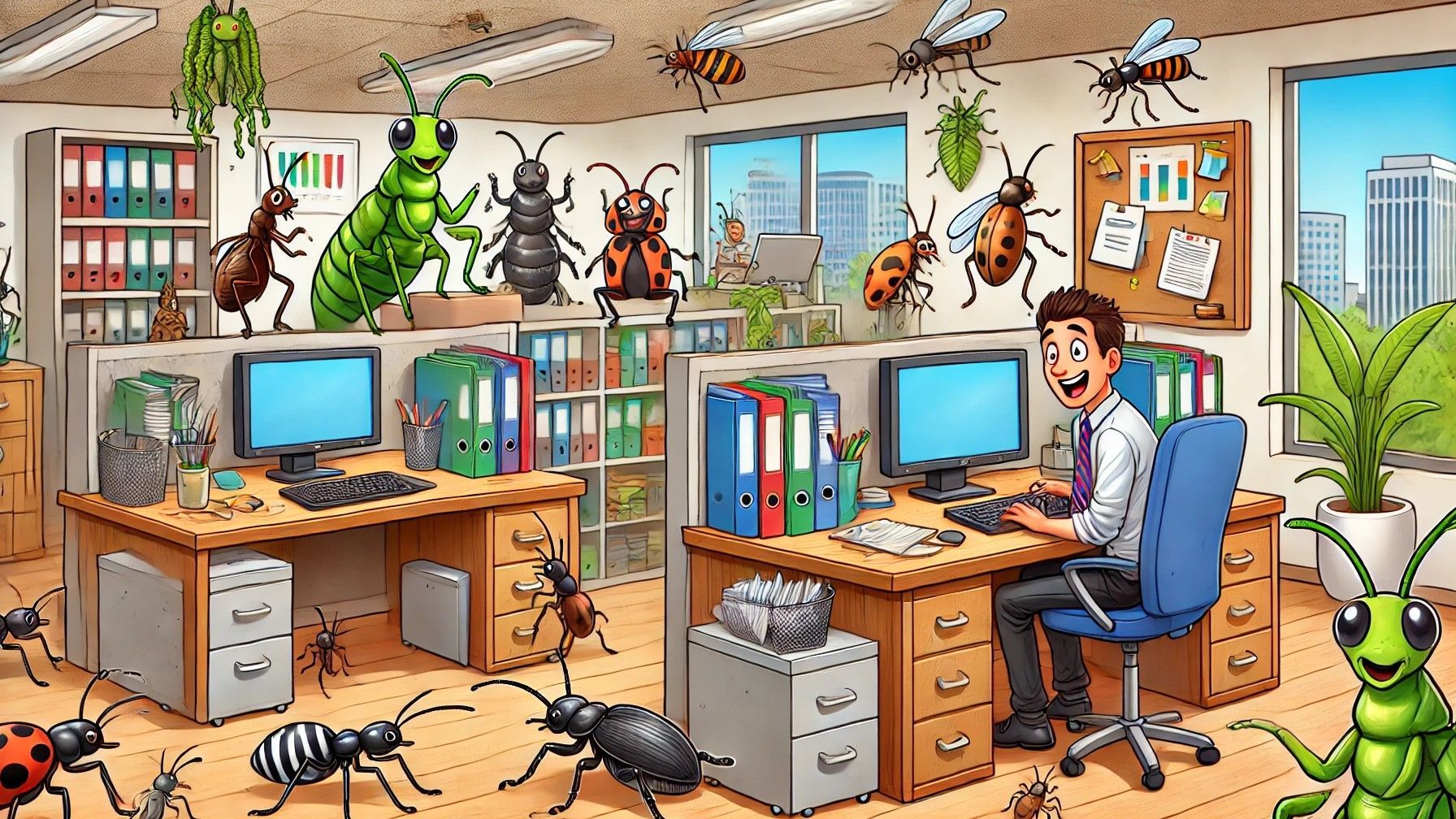 A man is sitting at a desk in an office surrounded by bugs.