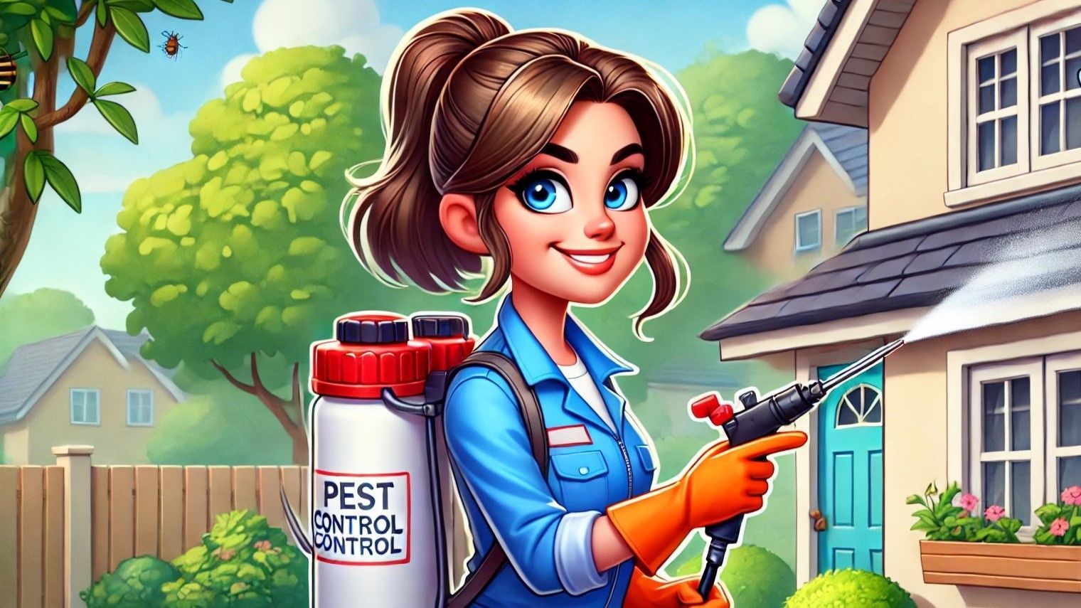 A woman is spraying a house with a sprayer.