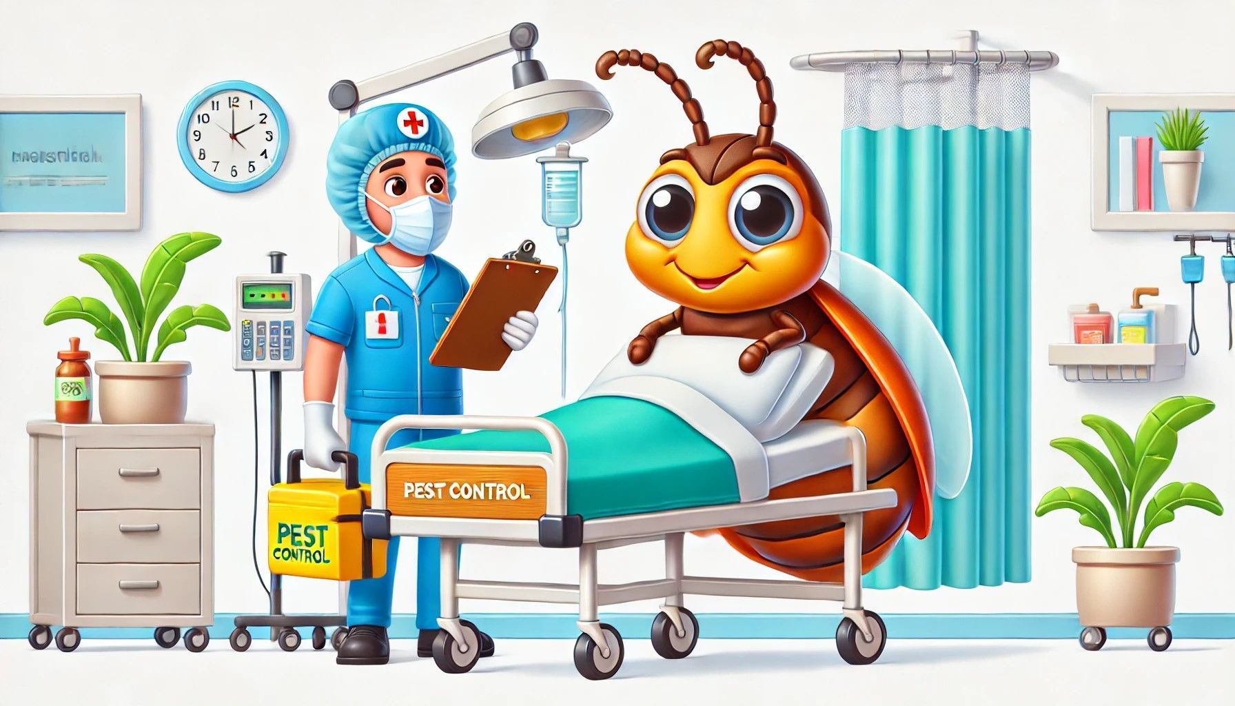 A cockroach is laying in a hospital bed next to a doctor.