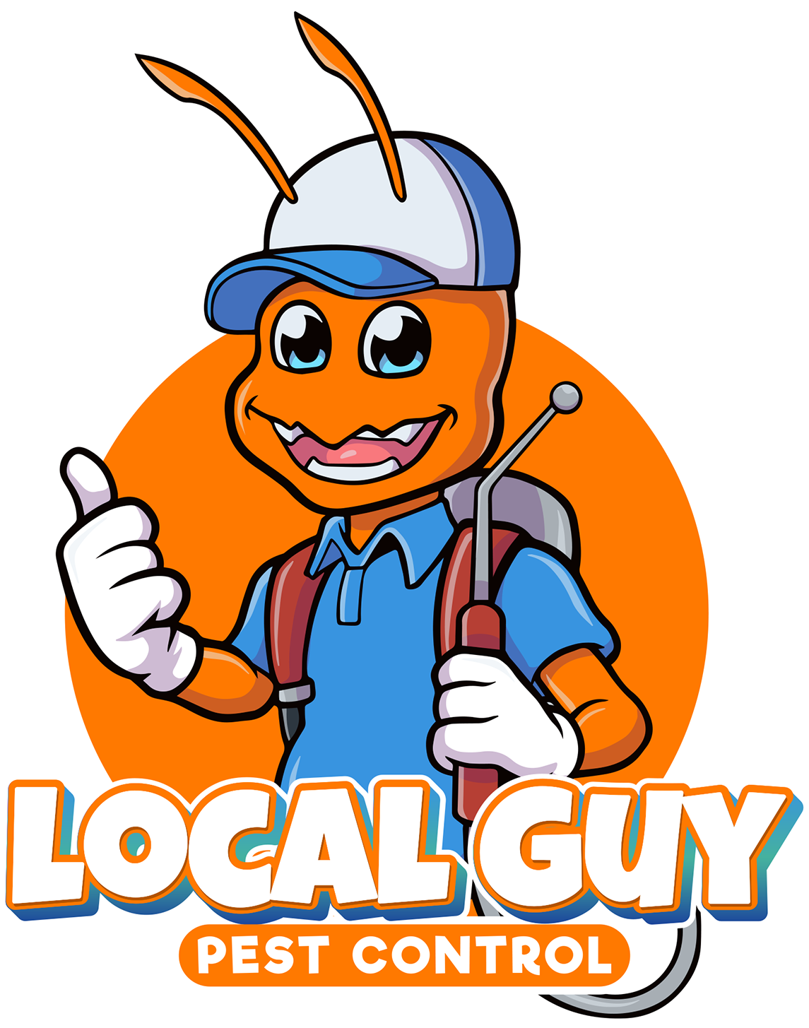 The logo for local guy pest control shows an ant holding a hammer and giving a thumbs up.