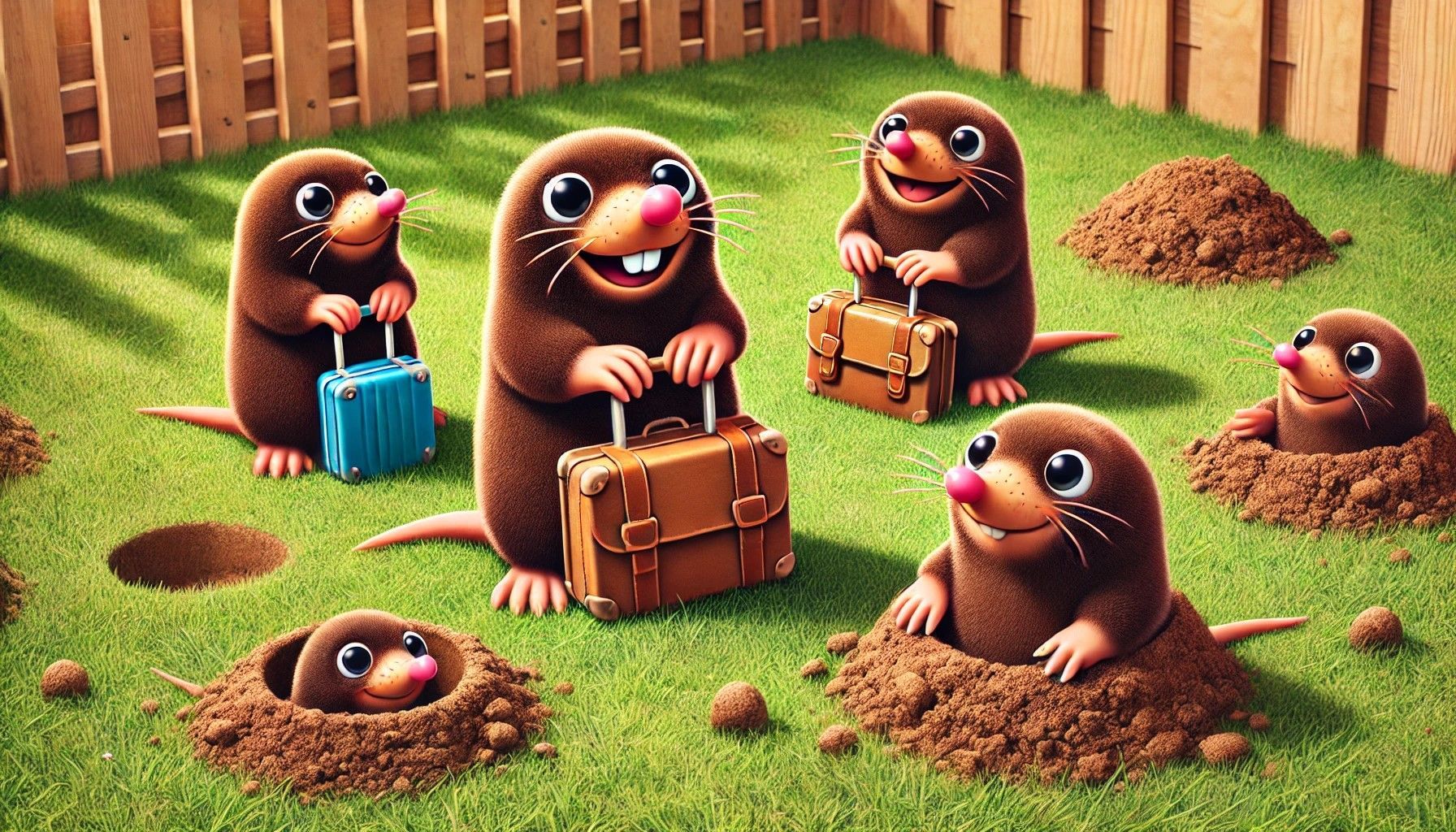 A group of moles are standing in the grass holding suitcases.