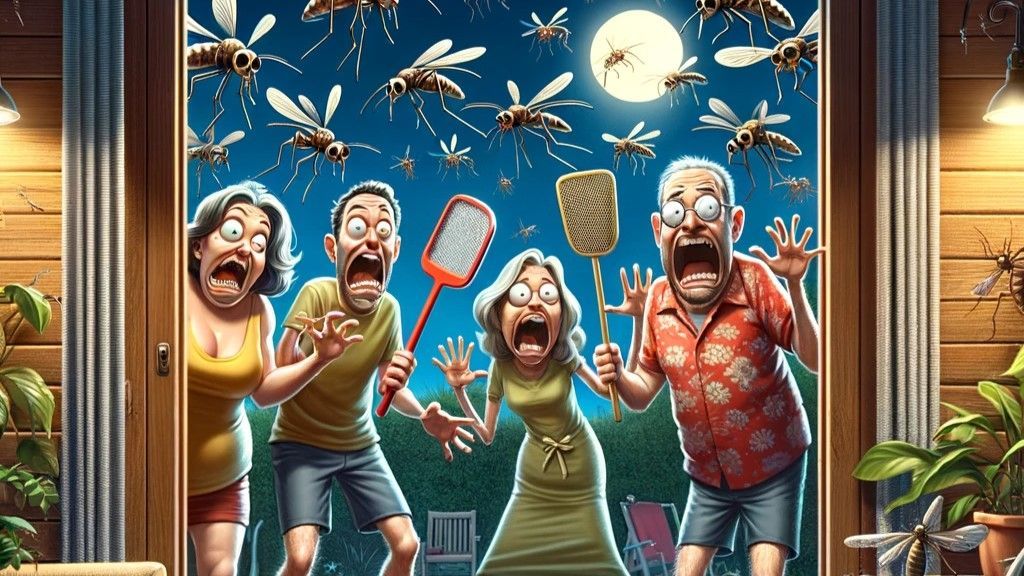 A cartoon of a family looking out a window at mosquitoes.