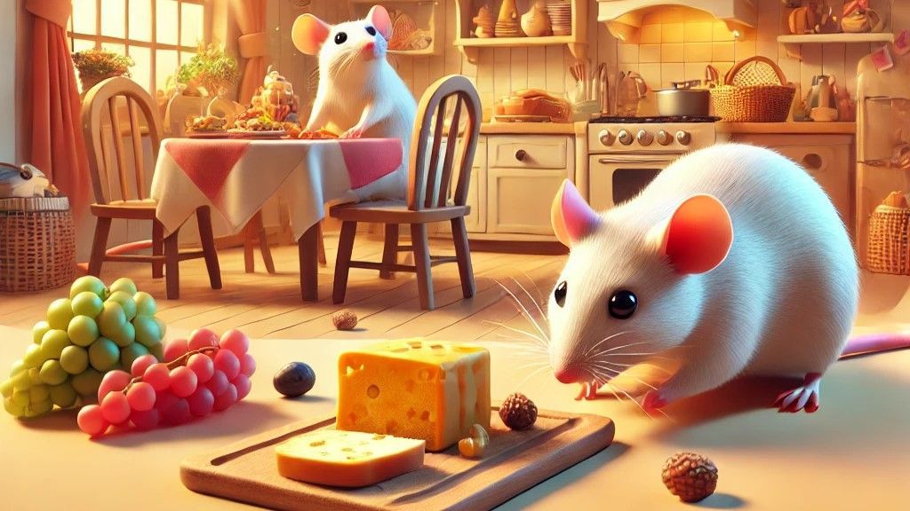 Two white mice are eating cheese and grapes in a kitchen.