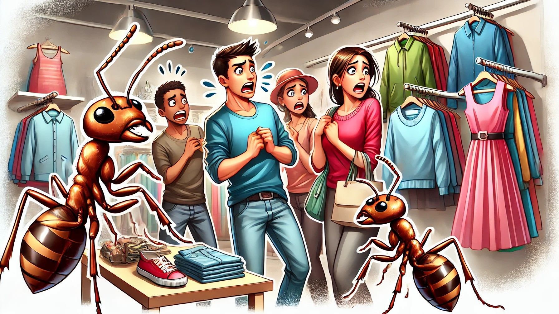 A group of people are standing in a clothing store surrounded by ants.