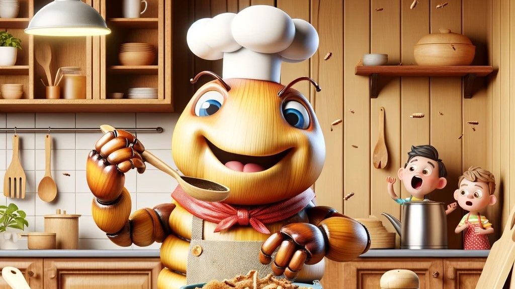 A cartoon bee wearing a chef 's hat is holding a spoon in a kitchen.