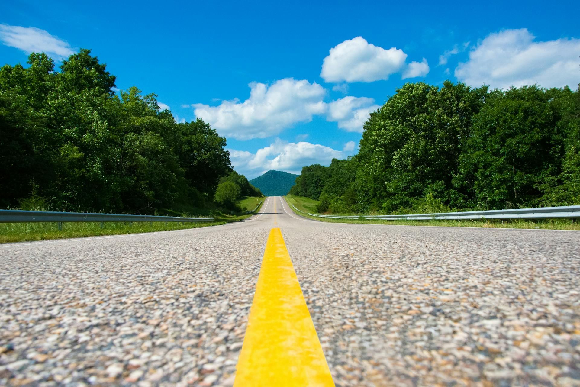 Low-angle view of a straight road with a yellow centerline, flanked by green trees under a blue sky