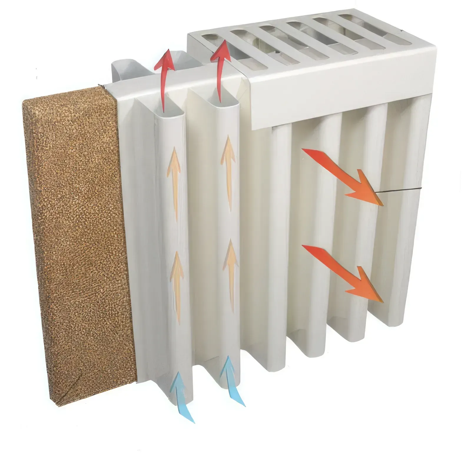 Cutaway of a radiator showing air flow: blue in, orange up, red out. White, slotted top, brown backing.