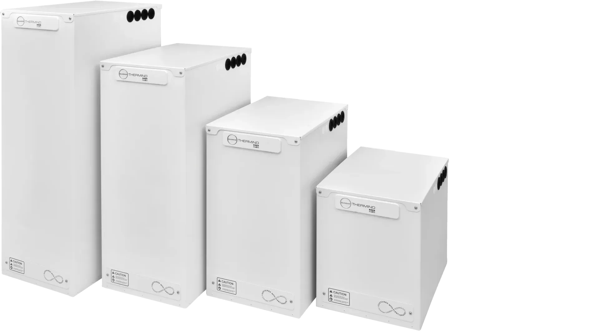 Four white boxes are stacked on top of each other on a white background.