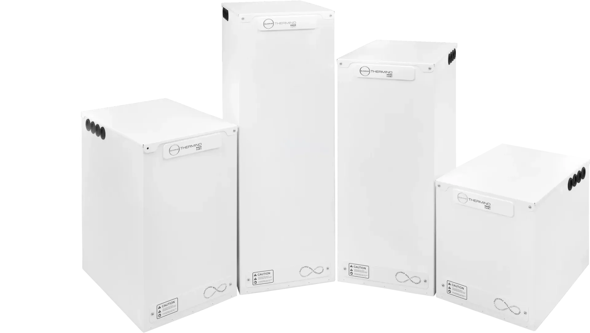 Four white boxes are stacked on top of each other on a white background.