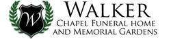 Walker Chapel Funeral Home and Memorial Gardens logo with green wreath emblem and black text