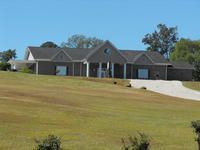 Large single-story house with a brick exterior, green lawn, and a curved driveway under a clear blue sky