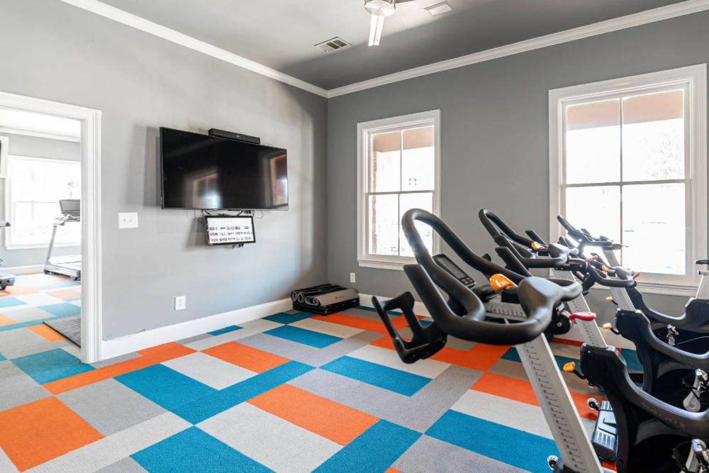 A bright and modern gym with gray walls and large windows providing natural light. The room features multiple stationary bikes lined up on a colorful geometric-patterned carpet, a mounted flat-screen TV on the wall, and various types of exercise equipment scattered around the space for a complete workout environment at Marquis at Bellaire Ranch in Fort Worth, TX.