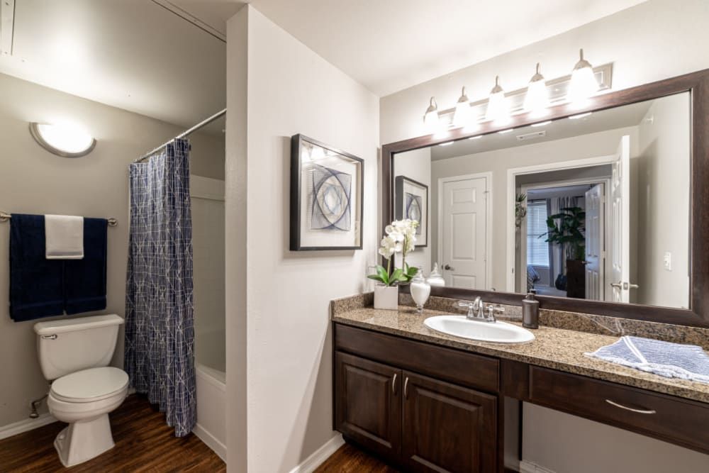 A well-lit modern bathroom featuring a large mirror with vanity lights above, a dark wooden cabinet with a granite countertop and undermount sink, a toilet, and a shower with a patterned curtain. Decor includes a framed abstract artwork, a vase with white flowers, and coordinated blue towels and bath mat at Marquis at Bellaire Ranch in Fort Worth, TX.