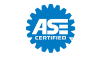 ASE Certified logo in blue and white with a gear-shaped border