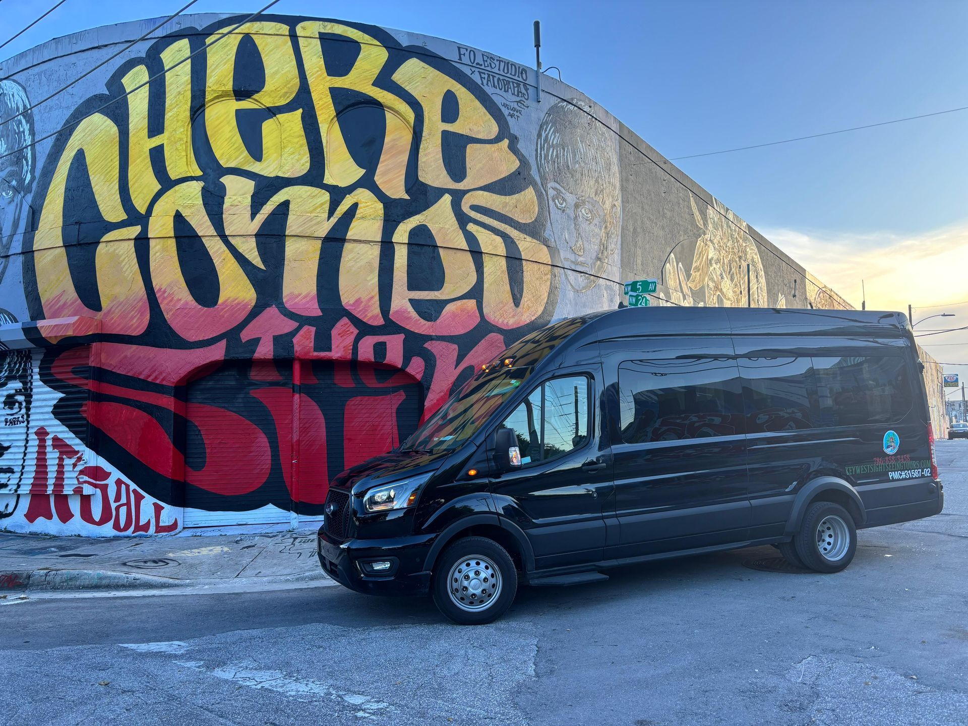 Black Bus parked in Wynwood during the Miami Night Tours