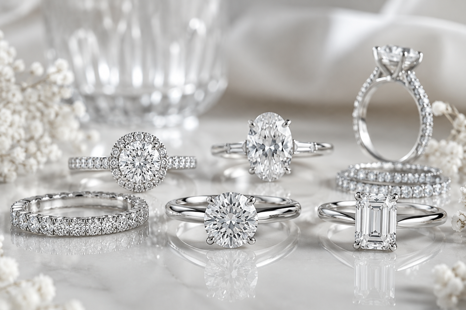 Assorted Diamond Rings Displayed on a Reflective White Surface in Soft Light — Regency Jewellers in Cairns City, QLD