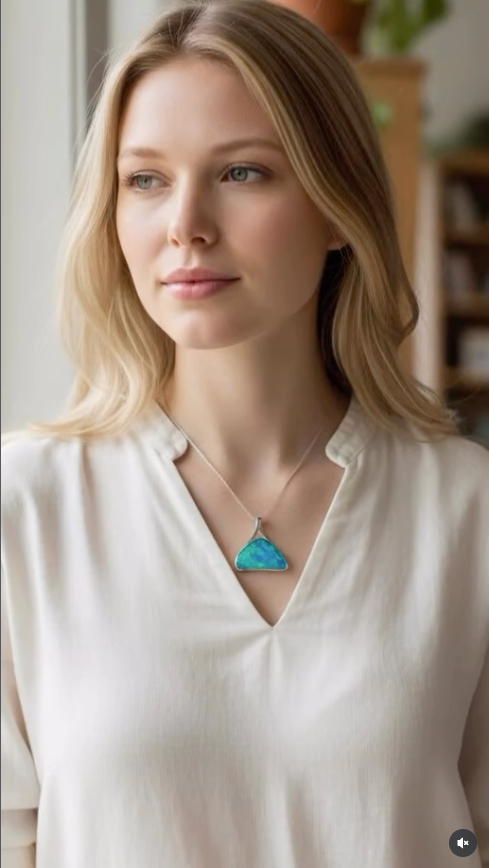Blonde woman wearing a turquoise pendant necklace, standing by a window, looking away — Regency Jewellers in Cairns City, QLD
