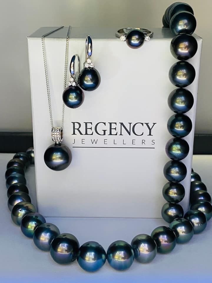 Necklace, Earrings, Ring, and Pendant With Dark Grey Pearls — Regency Jewellers in Cairns City, QLD