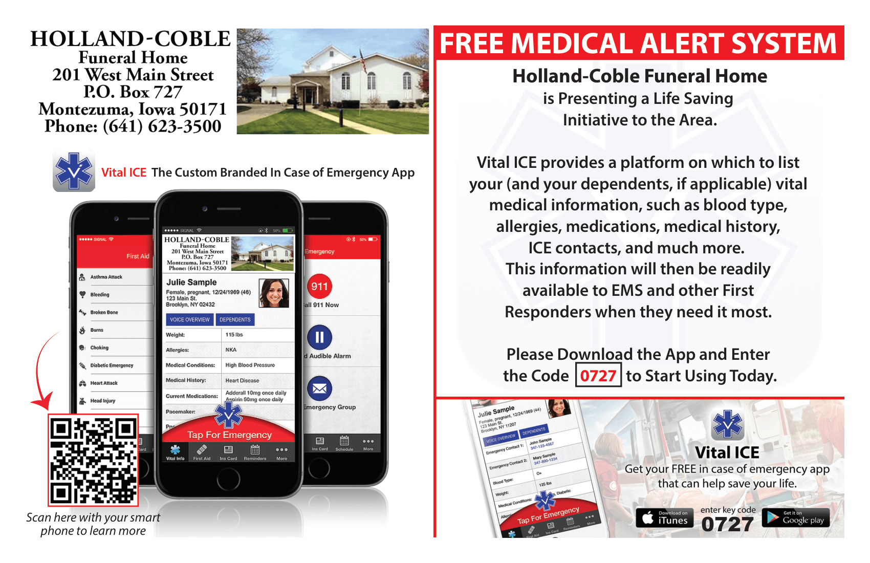 Holland-Coble funeral home ad with smartphones and red “Free Medical Alert System” banner
