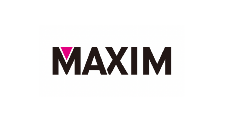 MAXIM logo in black with a magenta triangle accent above the “A”