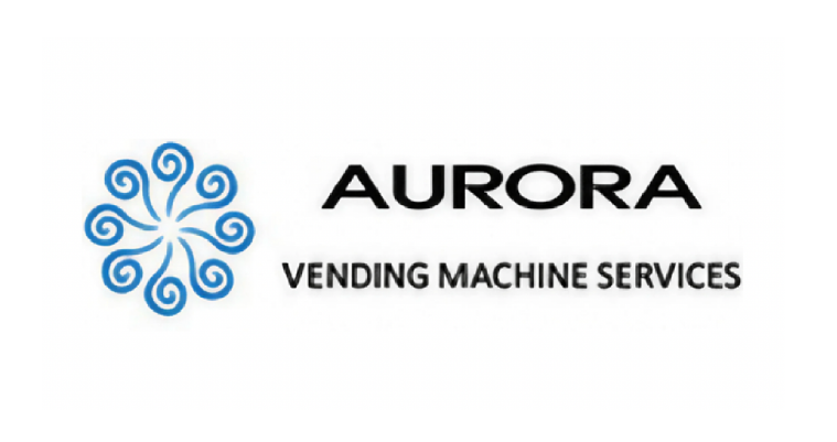 Aurora Vending Machine Services logo with blue floral icon and black text on white background
