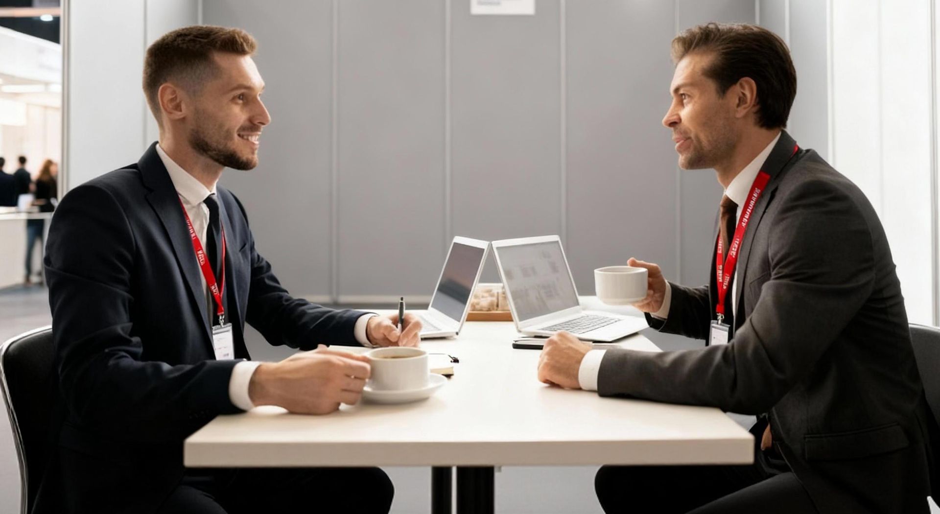 Two businessmen in suits talking across a table with laptops and coffee cups at a trade show booth