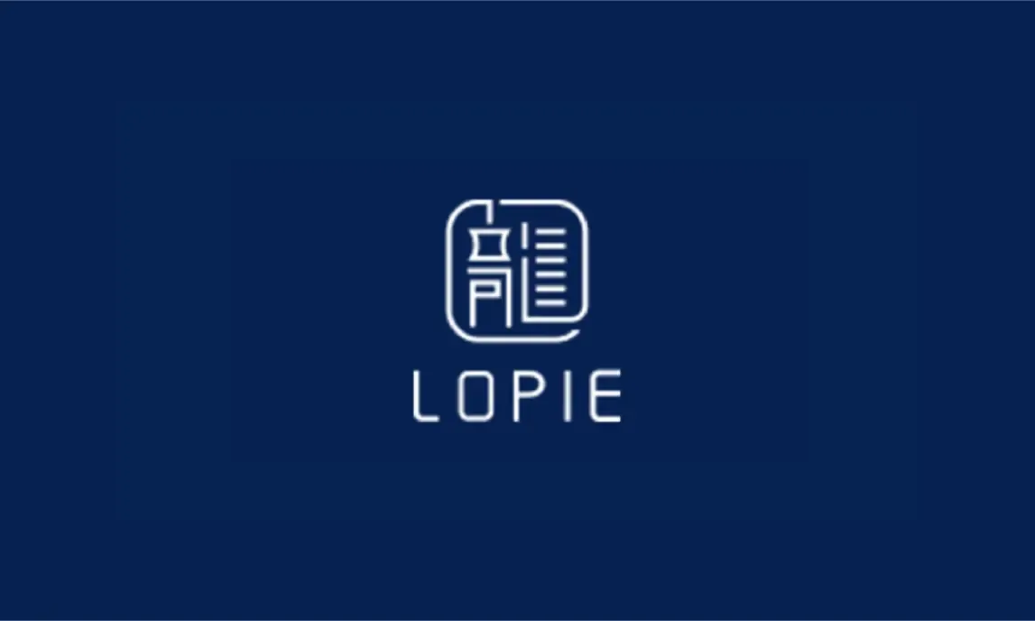White line-art logo and the word “LOPIE” centered on a dark blue background.