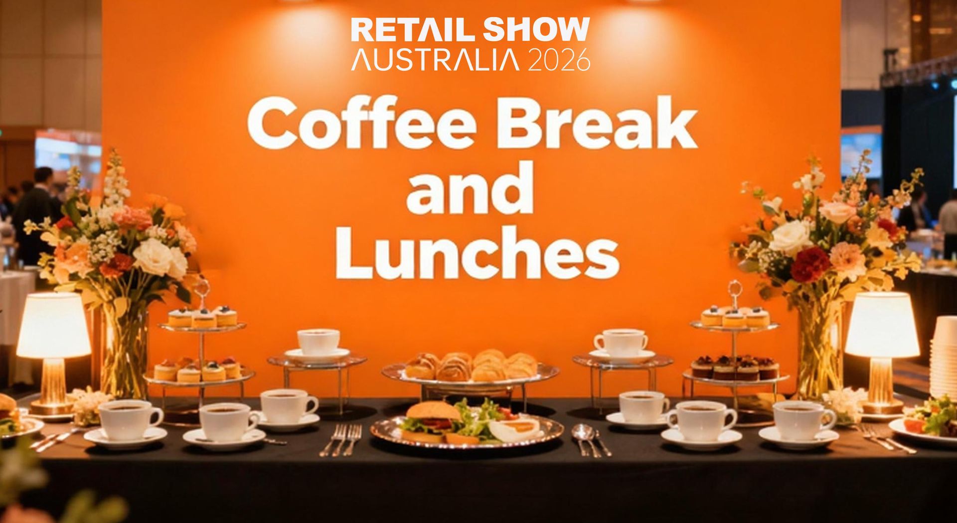 Retail show coffee break and lunches display with buffet table, cups, plates, and orange backdrop