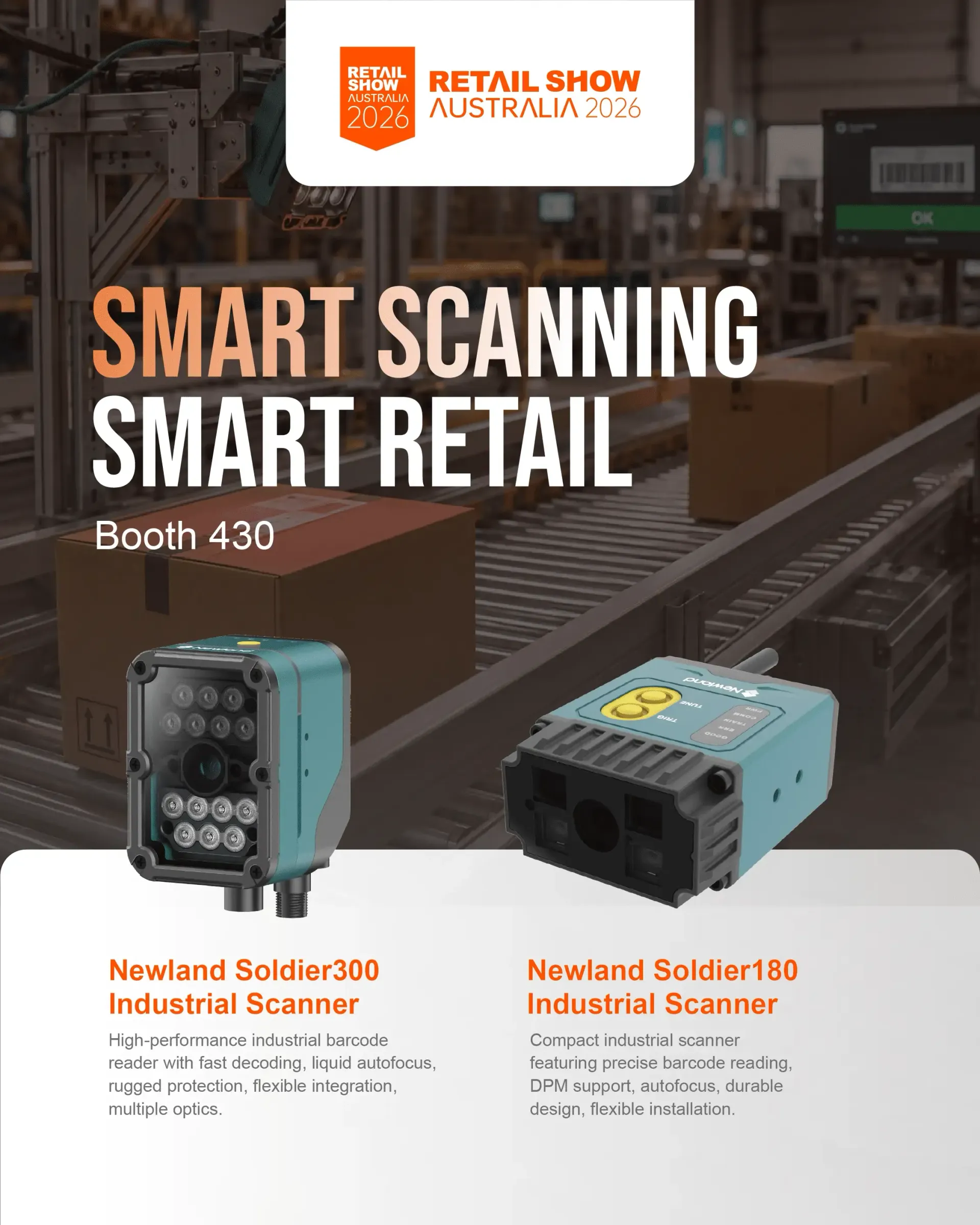 Retail Show Australia poster: “Smart Scanning Smart Retail,” booth 130, with two industrial barcode scanners.