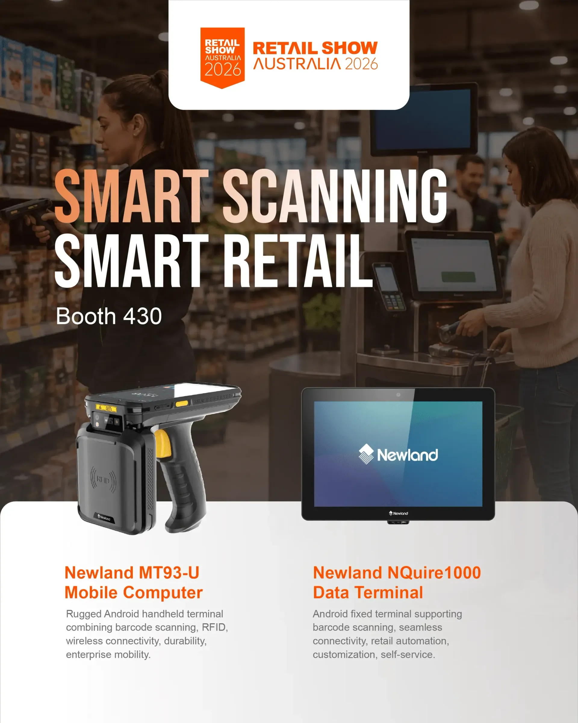 Retail Show Australia poster with barcode scanners and touchscreen displays, titled “Smart Scanning Smart Retail”