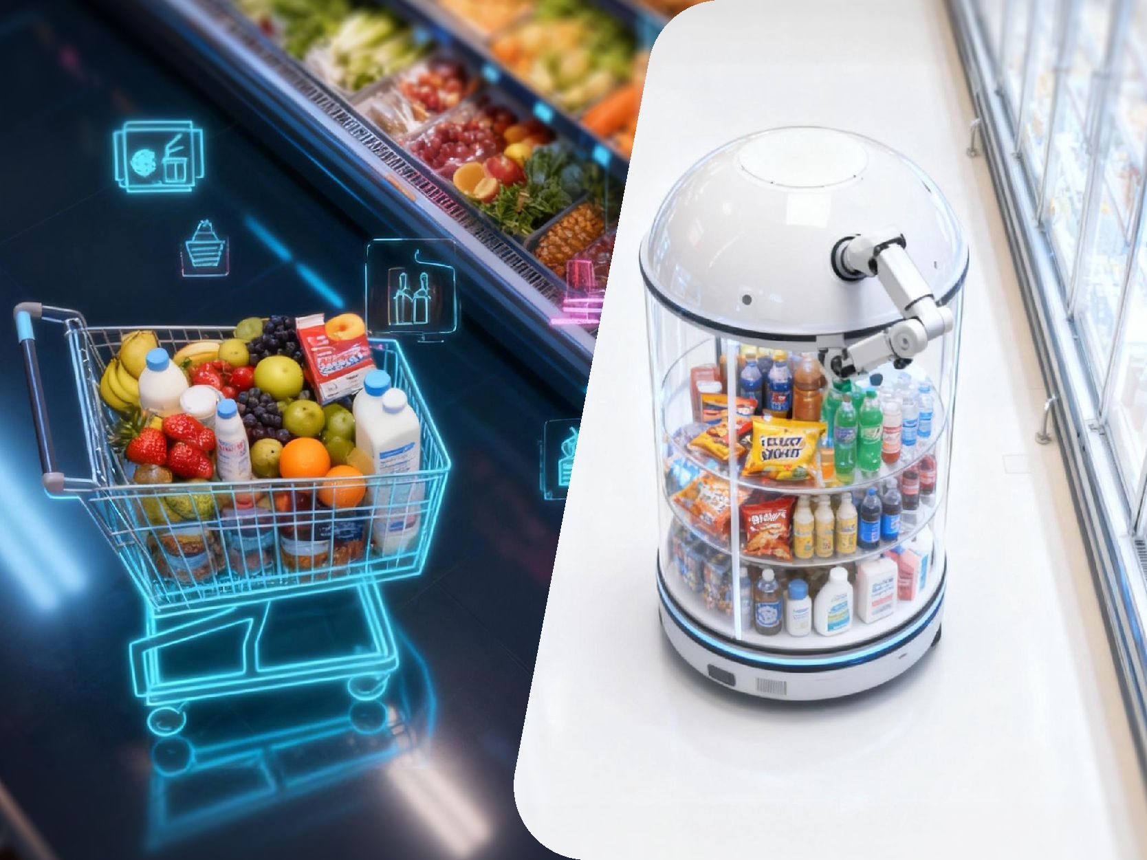 Smart grocery cart and a transparent mini fridge filled with drinks and snacks in a store aisle