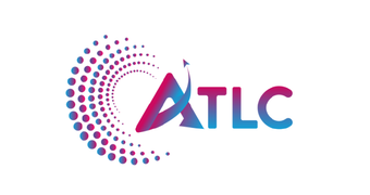 ATLC logo with blue and magenta text and dotted circular swirl on white background
