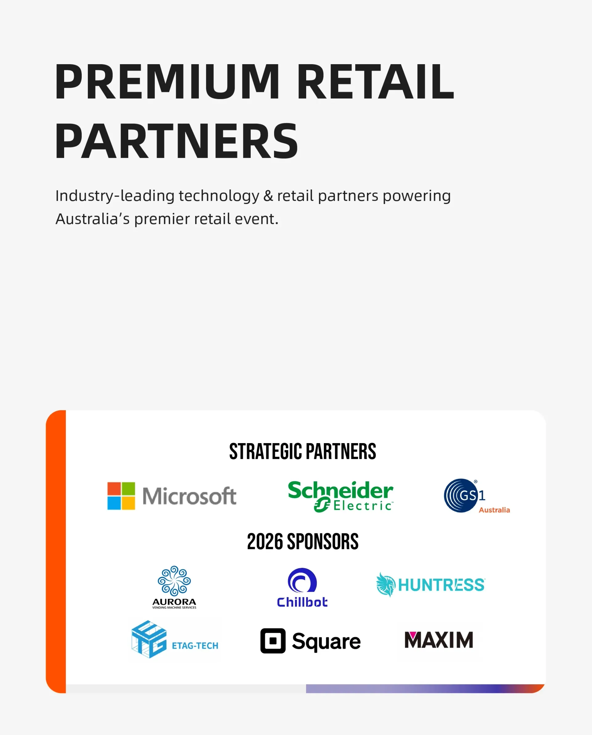 Premium Retail Partners slide with partner logos on white and a colorful accent bar along the bottom and left.
