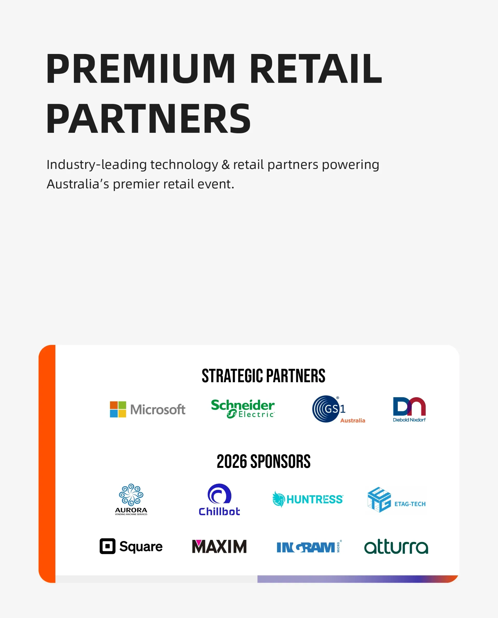 Premium Retail Partners slide with partner logos on white and a colorful accent bar along the bottom and left.