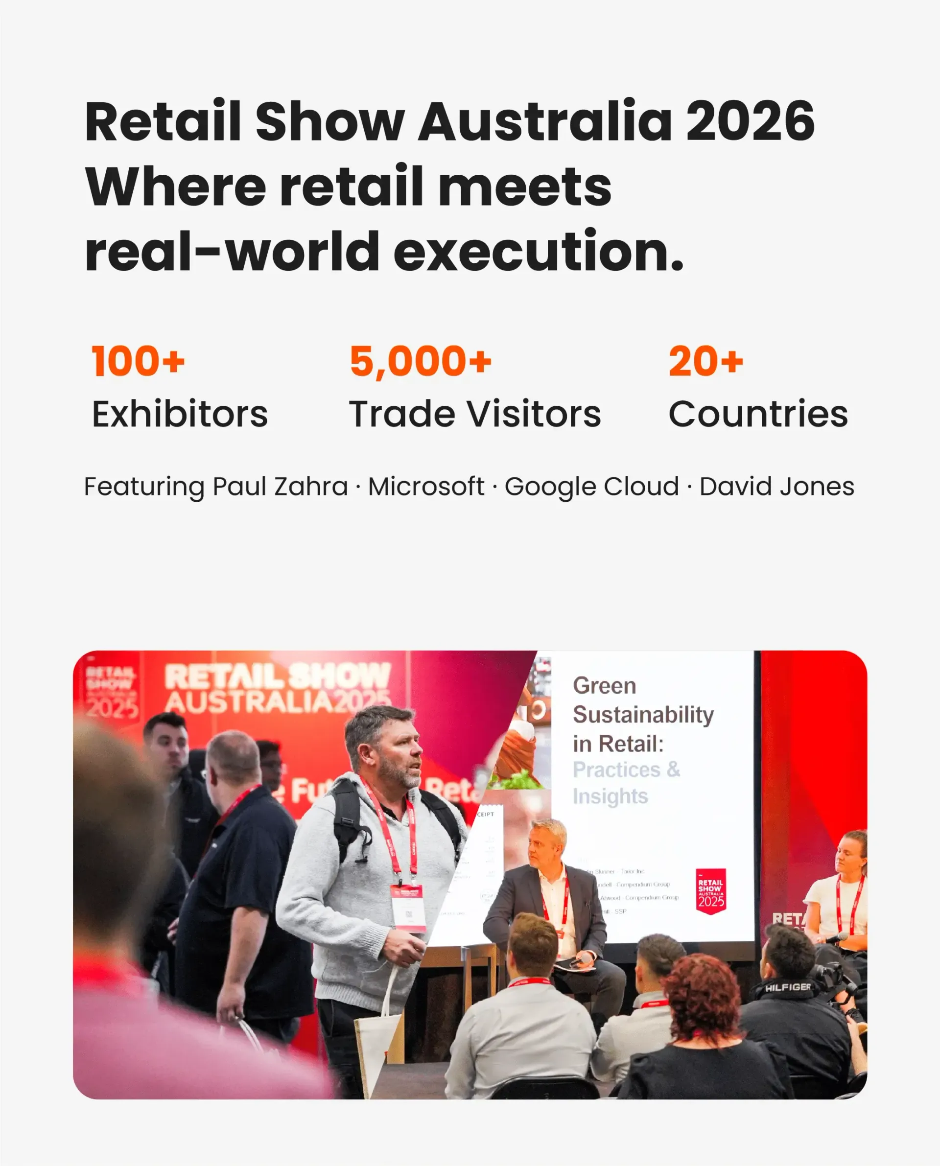 Retail Show Australia 2026 promo with event stats and a crowd at a retail conference stage